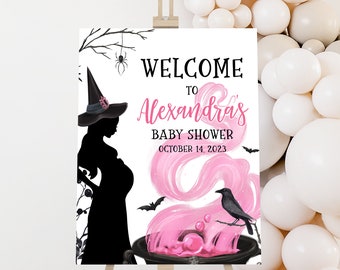Edytowalny znak powitalny na baby shower z napisem „A Baby is Brewing”, znak powitalny na baby shower z napisem „Dziewczynka z Halloween”, znak dekoracyjny na baby shower z napisem „Wiedźma” 0444