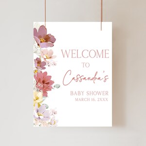 Editable Baby in Bloom Baby Shower Welcome Sign, Spring Flowers Baby Shower Welcome Poster, Pink Florals Girl Baby Shower Sign Template 0613 image 1