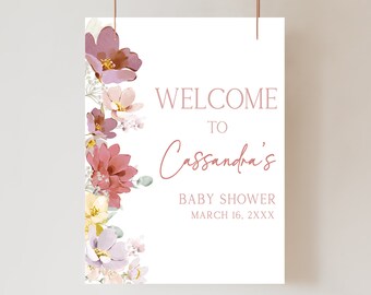 Editable Baby in Bloom Baby Shower Welcome Sign, Spring Flowers Baby Shower Welcome Poster, Pink Florals Girl Baby Shower Sign Template 0613