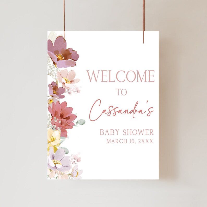 Editable Baby in Bloom Baby Shower Welcome Sign, Spring Flowers Baby Shower Welcome Poster, Pink Florals Girl Baby Shower Sign Template 0613 image 1