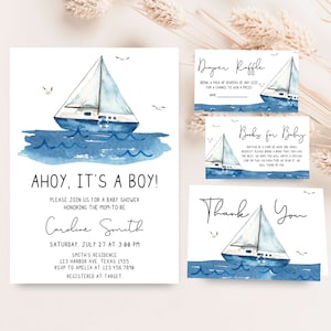 Editable Ahoy It&#39;s a Boy Baby Shower Invitation Bundle, Nautical Baby Shower Invite Set, Boy Nautical, Blue Boat Baby Shower Invite, 0780