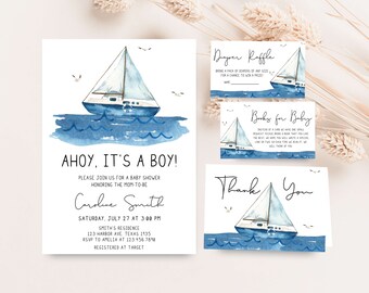 May include: A collection of baby shower stationery with a nautical theme. The invitation says "Ahoy, It's a Boy!" and features a watercolour sailboat. Includes a diaper raffle card, a book request card, and a thank you card, all with sailboat designs.