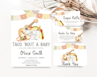 Può includere: Un invito a un baby shower a tema taco. L'invito presenta un'illustrazione ad acquerello di una chitarra, un taco, un biberon e un pannolino. Il testo sull'invito recita "Taco 'Bout a Baby" e include il nome "Olivia Smith", la data e l'ora del baby shower e l'indirizzo. L'invito include anche informazioni sul registro e sulla conferma di presenza.