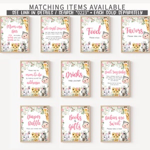 May include: A set of 10 printable signs for a baby shower. The signs feature a jungle theme with pink and green colours. The signs include titles like "Mom-esa Bar", "Drinks", "Favors", "Diaper Raffle", "Books & Gifts", and "Babies are Sweet".