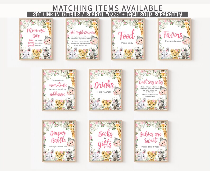 May include: A set of 10 printable signs for a baby shower. The signs feature a jungle theme with pink and green colours. The signs include titles like "Mom-esa Bar", "Drinks", "Favors", "Diaper Raffle", "Books & Gifts", and "Babies are Sweet".