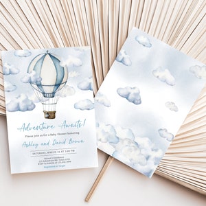 a wedding card with a hot air balloon on it