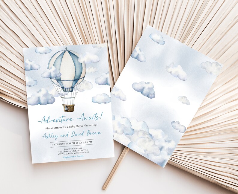 a wedding card with a hot air balloon on it