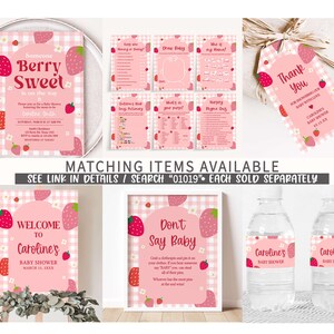a pink strawberry themed birthday party with matching items