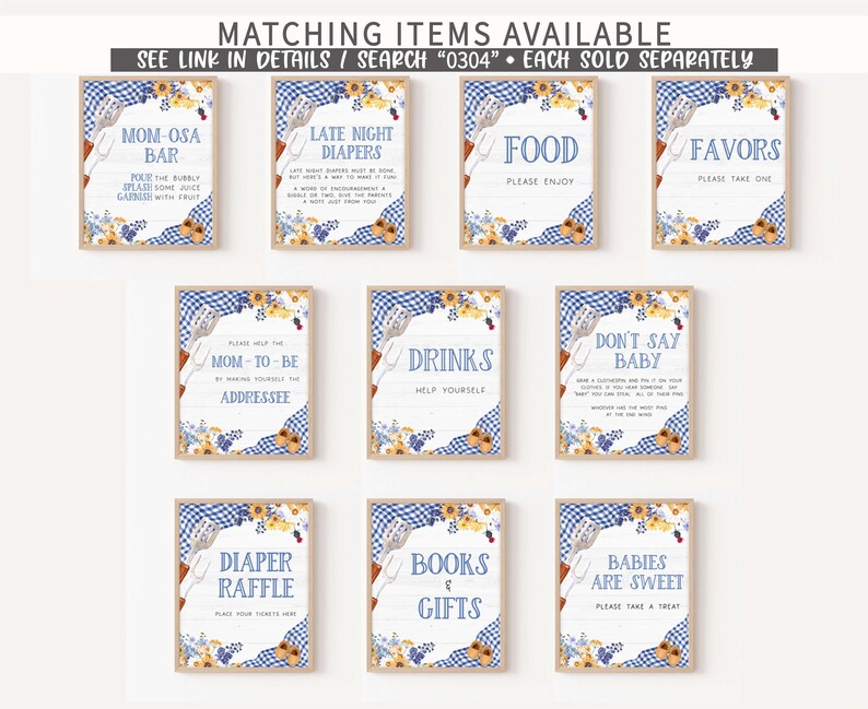 K&ouml;nnte beinhalten: Zehn druckbare Schilder f&uuml;r eine Babyparty mit einem blau-gelben Gingham-Muster. Die Schilder beinhalten "Mom-osa Bar", "Late Night Diapers", "Food", "Favors", "Drinks", "Don't Say Baby", "Diaper Raffle", "Books & Gifts" und "Babies Are Sweet".