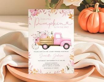 Editable Little Pumpkin Pink Truck Baby Shower Invitation, Girl Fall Baby Shower Invite, Pink Pumpkin Truck Boho Baby Shower Invite, 01141