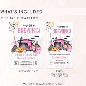 two editable template designs for a baby shower invitation. The invitation features a Halloween theme with a witch's broom, cauldron, jack-o-lantern, and other spooky elements. The invitation invites guests to a baby shower honoring Madison Brown and includes details about the event, such as the date, time, location, and RSVP information.