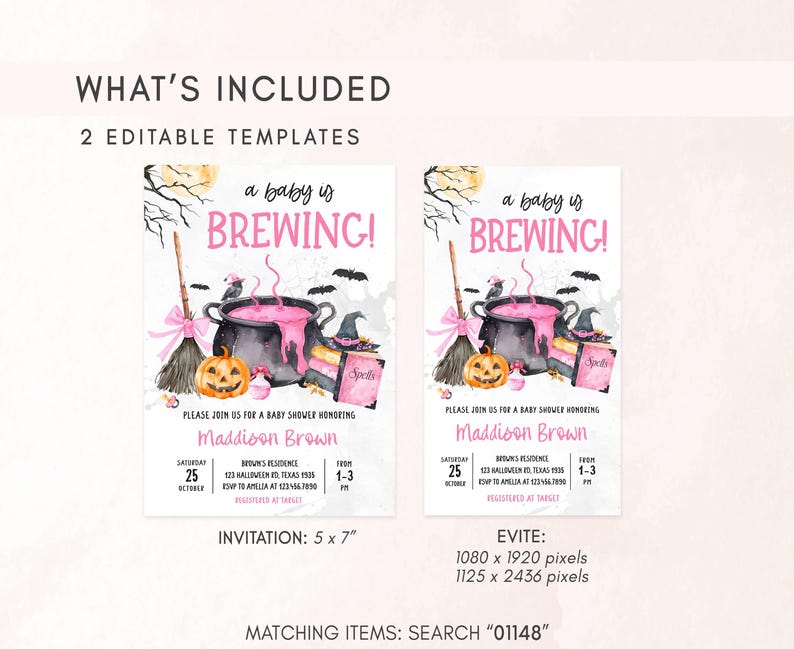two editable template designs for a baby shower invitation. The invitation features a Halloween theme with a witch's broom, cauldron, jack-o-lantern, and other spooky elements. The invitation invites guests to a baby shower honoring Madison Brown and includes details about the event, such as the date, time, location, and RSVP information.