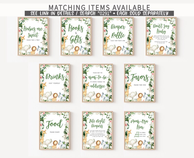 May include: A set of ten printable signs for a baby shower with a jungle animal theme. The signs feature a variety of jungle animals, including lions, elephants, and giraffes, and have text that says "Babies are Sweet", "Books & Gifts", "Diaper Raffle", "Don't Say Baby", "Drinks", "Help the Mom-to-be Addressee", "Favors", "Food", "Late Night Diapers", and "Mom-osa Bar".