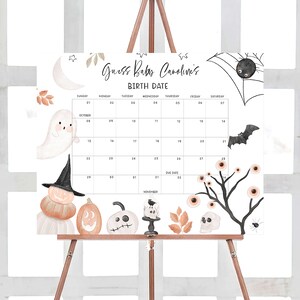 Halloween Theme with Spooky Spider, Pumpkins, Bats, Cats, Skull and Ghost Design Baby Shower Due Date Calendar
