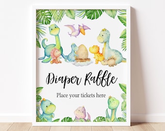 Diaper Raffle Sign Dinosaur Baby Shower, Dino Baby Shower Diaper Game Sign, Gender Neutral Greenery Dinosaurs Baby Shower Decor Signs, 0667