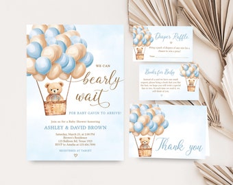 May include: A baby shower invitation featuring a blue and brown colour scheme. The invitation depicts a teddy bear in a hot air balloon made of blue and tan balloons. The text reads "We can barely wait for baby Gavin to arrive!" and includes the names Ashley & David Brown, the date and time of the shower, and the location. The invitation also includes a diaper raffle and a books for baby request.