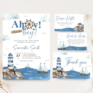Editable Ahoy It&#39;s A Boy Baby Shower Invitation Bundle, Nautical Baby Shower Invite Set, Blue Boat Nautical, Boy Baby Shower Invitation 0778