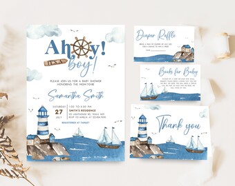 May include: Ahoy! It's a Boy! Nautical themed baby shower invitation featuring a lighthouse, sailboat, and clouds. The invitation includes the date, time, and location of the shower. It also includes the name of the mother-to-be, Samantha Smith.