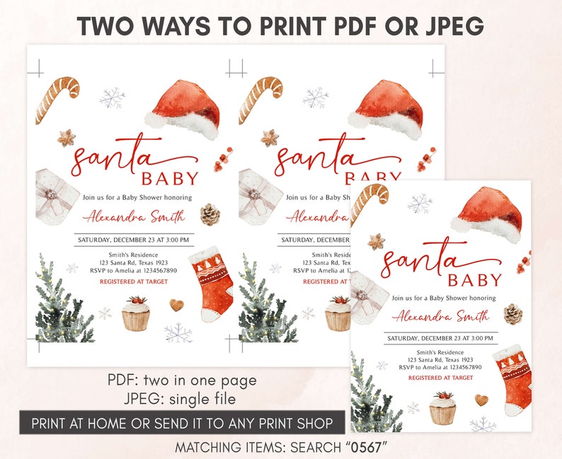 Bewerkbare Santa baby shower uitnodiging, kerst baby shower uitnodiging, genderneutrale Winter Wonderland baby shower uitnodiging sjabloon, 0567 afbeelding 3
