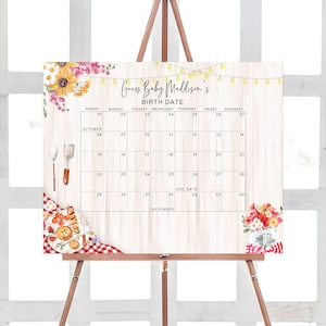Bearbeitbarer BBQ Babyparty Fälligkeitsdatumskalender Baby-Q Babypartykalender Backhof Coed Babyparty Rustikaler Grillgeburtstag Voraussagen 0273