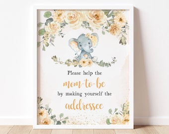 Envelope Station Sign Fall Elephant Baby Shower, Floral Fall Baby Shower Addressee Sign, Girl Floral Elephant Baby Shower Sign Decor 0356