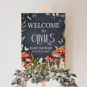 Signo de bienvenida de baby shower de setas editable, cartel de bienvenida de baby shower de setas pequeñas del bosque, letrero de baby shower de setas Cottage Core, 0844