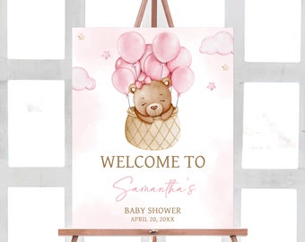 Editable Girl Bear Baby Shower Welcome Sign, Pink Hot Air Balloon Boho Baby Shower Welcome Poster, We Can Bearly Wait Baby Shower Sign, 0706