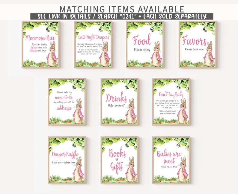 May include: Nine printable signs featuring a watercolor illustration of a rabbit wearing a pink cape. The signs are for a baby shower and include titles like "Mom-osa Bar", "Late Night Diapers", "Food", "Favors", "Drinks", "Don't Say Baby", "Diaper Raffle", "Books & Gifts", and "Babies are Sweet".