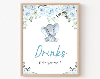 Signo de bebidas Baby Shower de elefante azul, decoración de estación de bebidas de baby shower de elefante floral, plantilla imprimible de elefante niño 0173