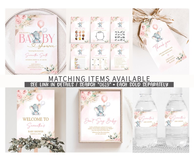 May include: A pink and gold baby shower invitation with a cute elephant holding a pink balloon. The invitation says "Join us for a Baby Shower" and includes the name "Samantha Smith".