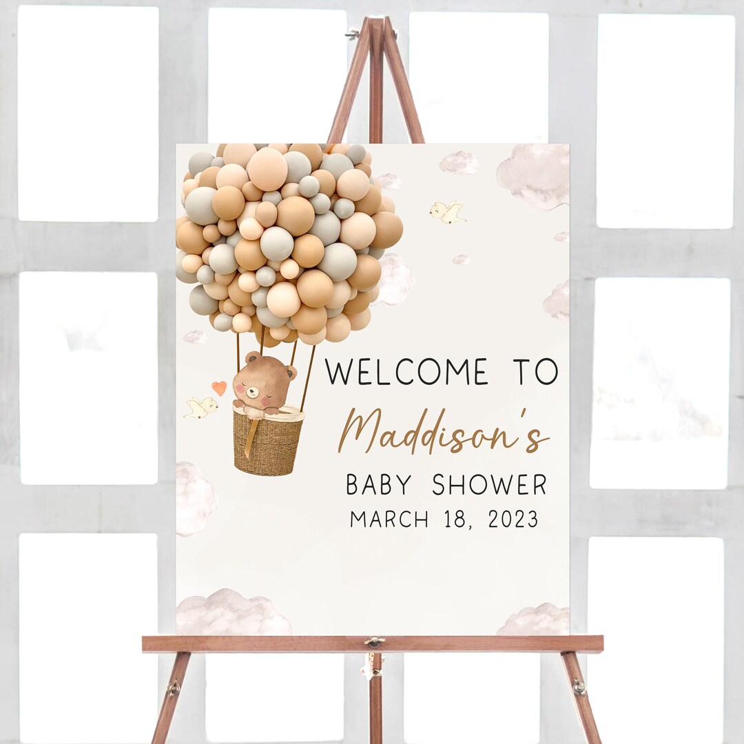 Editable Hot Air Balloon Bear Baby Shower Welcome Sign, Boho Baby ...