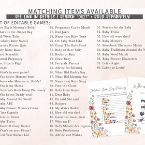 May include: A printable list of 60 baby shower games, including "How Big is Mommy's Belly?" and "Baby Shower Characters". The list is printed on a white background with floral accents.