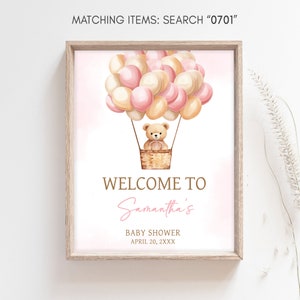 Bewerkbare roze We Can Bearly Wait babyshower welkomstbord, meisje beer babyshower welkomstposter, beer heteluchtballonnen babyshower bord 0701 afbeelding 3