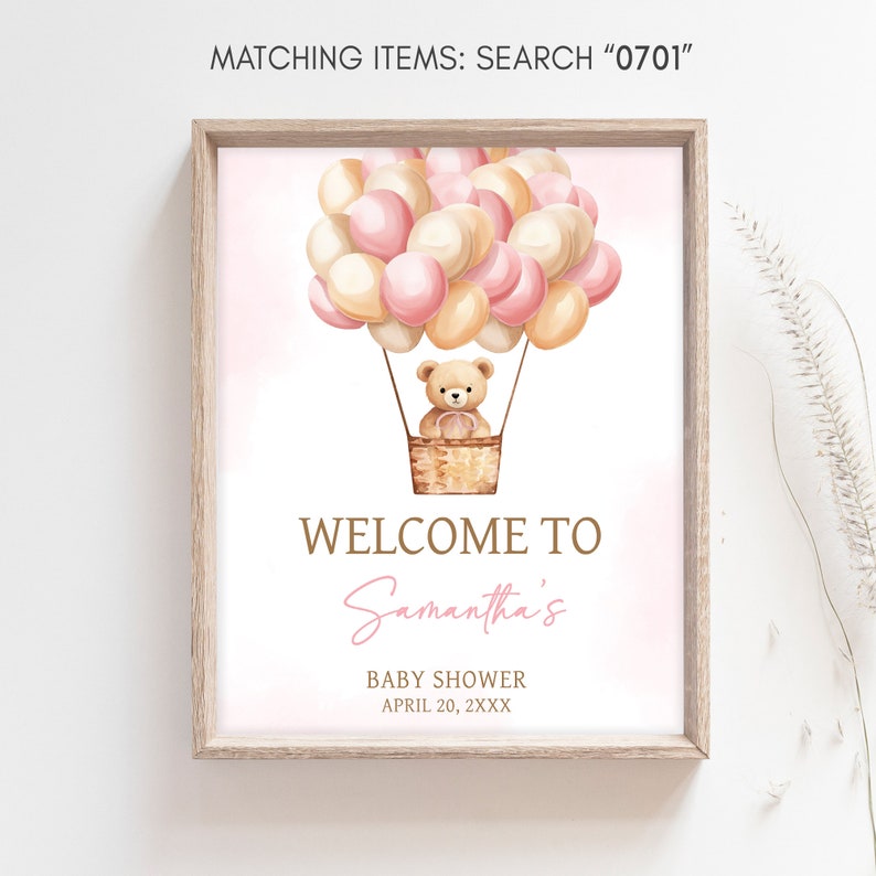 Bewerkbare roze We Can Bearly Wait babyshower welkomstbord, meisje beer babyshower welkomstposter, beer heteluchtballonnen babyshower bord 0701 afbeelding 3