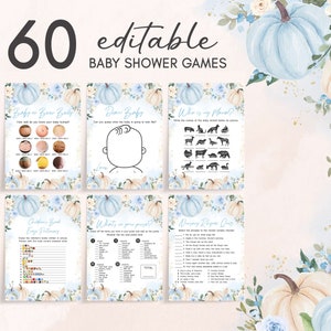 Editable Blue Little Pumpkin Baby Shower Games Bundle, Boy Autumn Fall Baby Shower Game Pack, Rustic Fall Pumpkin Baby Shower Template, 0885