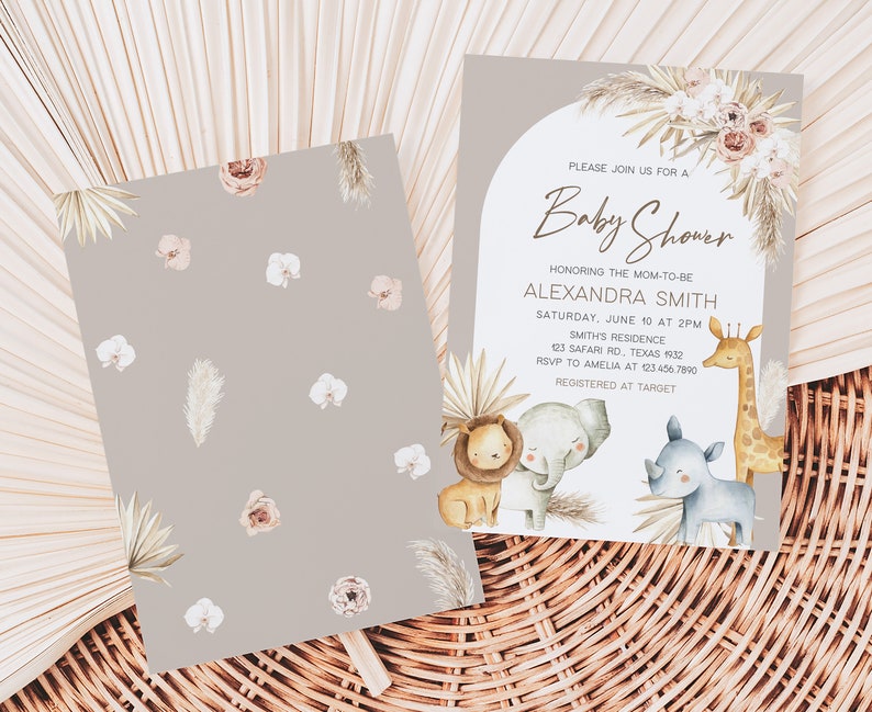 May include: A baby shower invitation with a grey background and a watercolour illustration of a lion, elephant, rhinoceros, and giraffe. The text reads "Please join us for a Baby Shower honouring the mom-to-be Alexandra Smith Saturday, June 10 at 2PM Smith's Residence 123 Safari Rd, Texas 1932 RSVP to Amelia at 1234567890 Registered at Target"