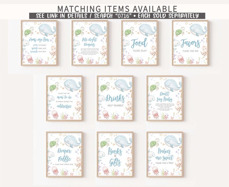 May include: A collection of framed signs with an ocean theme, featuring illustrations of whales, turtles, and jellyfish. The signs have text such as "Mom-osa Bar", "Food", and "Favors". The signs are in a light blue and beige color scheme.