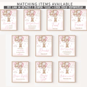May include: Set of 9 printable baby shower signs featuring a pink and brown teddy bear holding balloons. The signs include "Mimosas Bar", "Late Night Diapers", "Food", "Favors", "Please Help the Mom-to-Be", "Drinks", "Don't Say Baby", "Diaper Raffle", "Books & Gifts", and "Babies are Sweet".