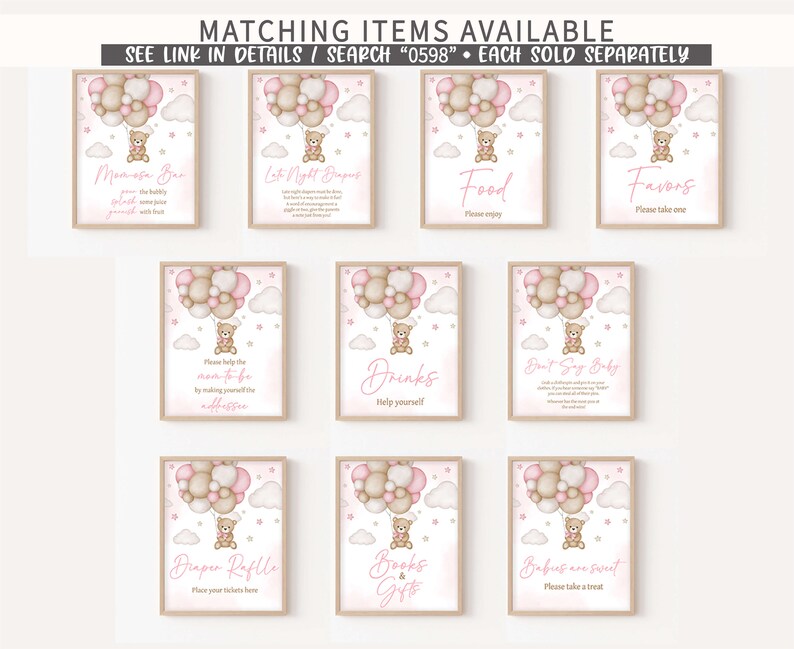 May include: Set of 9 printable baby shower signs featuring a pink and brown teddy bear holding balloons. The signs include "Mimosas Bar", "Late Night Diapers", "Food", "Favors", "Please Help the Mom-to-Be", "Drinks", "Don't Say Baby", "Diaper Raffle", "Books & Gifts", and "Babies are Sweet".