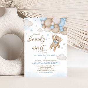 Editable Bear Balloon Baby Shower Invitation, Blue We Can Bearly Wait Baby Shower Invite, Boy Boho Bear Baby Shower Invite Template, 0504