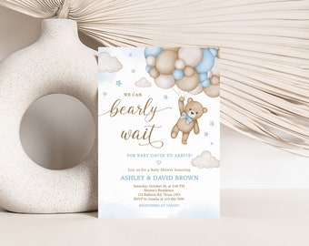 Invitación editable para fiesta de bienvenida al bebé con globo de oso, Invitación para fiesta de bienvenida al bebé azul Podemos esperar, Plantilla de invitación para fiesta de bienvenida al bebé con oso bohemio de niño, 0504