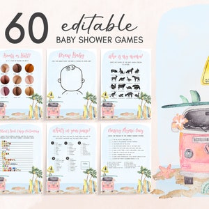Editable Baby on Board Baby Shower Games Bundle Girl Beach Baby Shower Game Pack Surf Baby Games Summer Ocean Theme Printable Template 0272