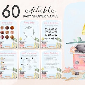 Editable Baby on Board Baby Shower Games Bundle Girl Beach Baby Shower Game Pack Surf Baby Games Summer Ocean Theme Printable Template 0272