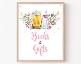 Girl A Baby is Brewing Baby Shower Books and Gifts Sign, Pink Beer and Bottle Baby Shower Gifts Sign, Couples Coed Baby Shower Signs, 0345