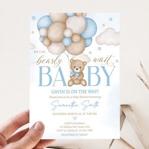 Editable Blue Boy Bear Balloon Baby Shower Invitation, We Can Bearly Wait Baby Shower Invite, Boho Brown Bear Baby Shower Invitation, 0621 image 1
