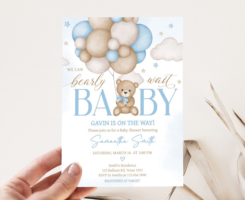 Editable Blue Boy Bear Balloon Baby Shower Invitation, We Can Bearly Wait Baby Shower Invite, Boho Brown Bear Baby Shower Invitation, 0621 image 1