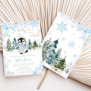 Editable Winter Penguin Baby Shower Invitation Bundle, Boy Penguin Baby Shower Invite Set, Blue Baby It's Cold Outside Baby Shower, 0559 image 2