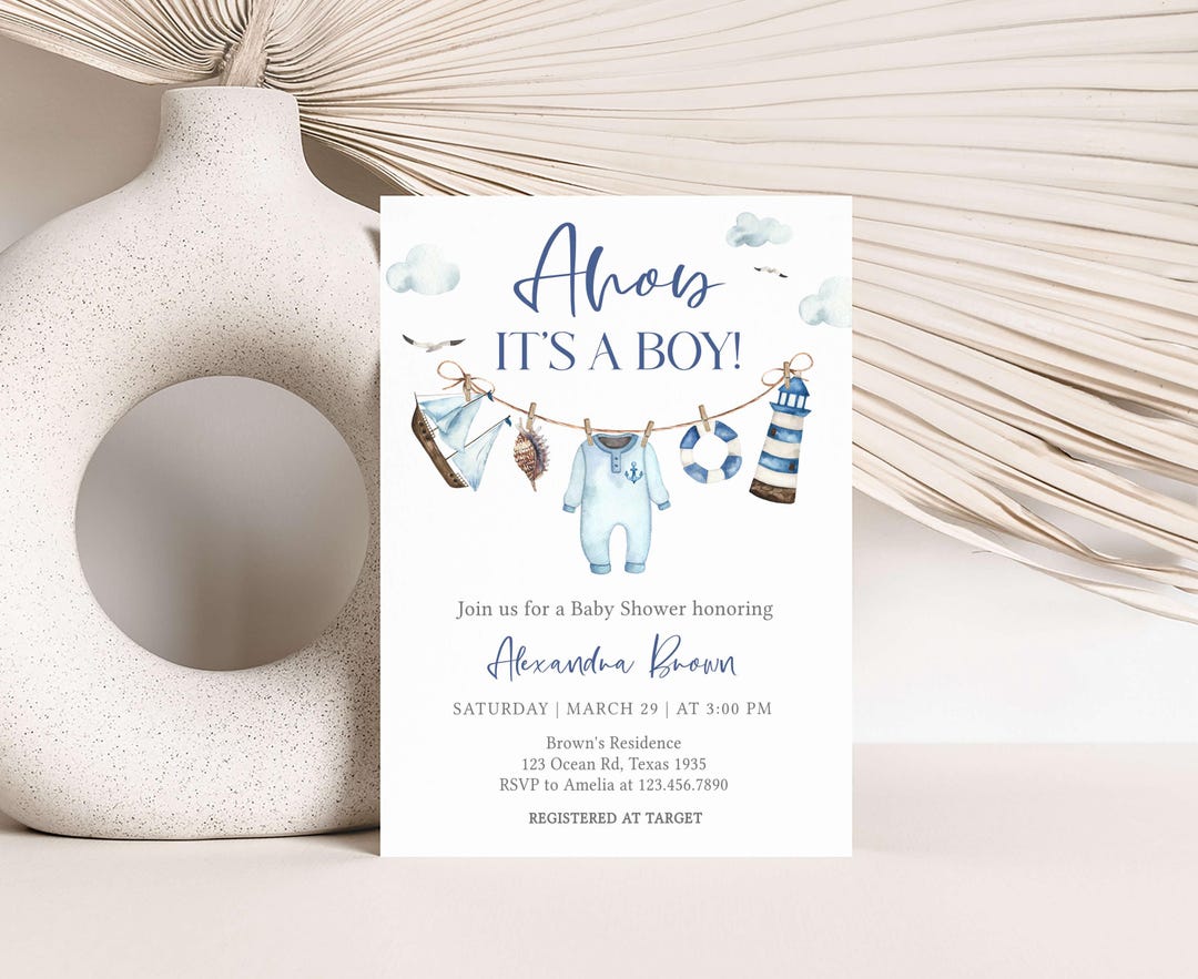 Editable Ahoy It's a Boy Baby Shower Invitation, Boy Sailboat Nautical ...