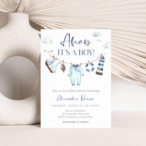 Editable Ahoy It&#39;s a Boy Baby Shower Invitation, Boy Sailboat Nautical Baby Shower Invitation, Blue Baby Clothes Baby Shower Invite, 01067