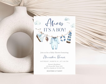 Editable Ahoy It's a Boy Baby Shower Invitation, Boy Sailboat Nautical Baby Shower Invitation, Blue Baby Clothes Baby Shower Invite, 01067